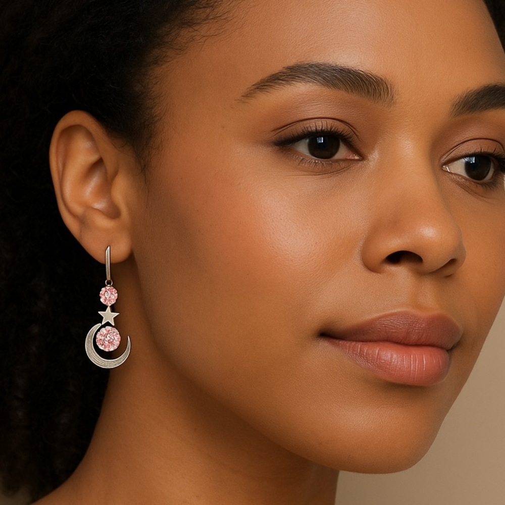 Silver and Pink Dangle Earrings with Gemstones